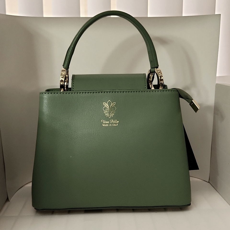 1631-01 Sage Green Italian Leather Semi Structured Bag W/Spiky Rings